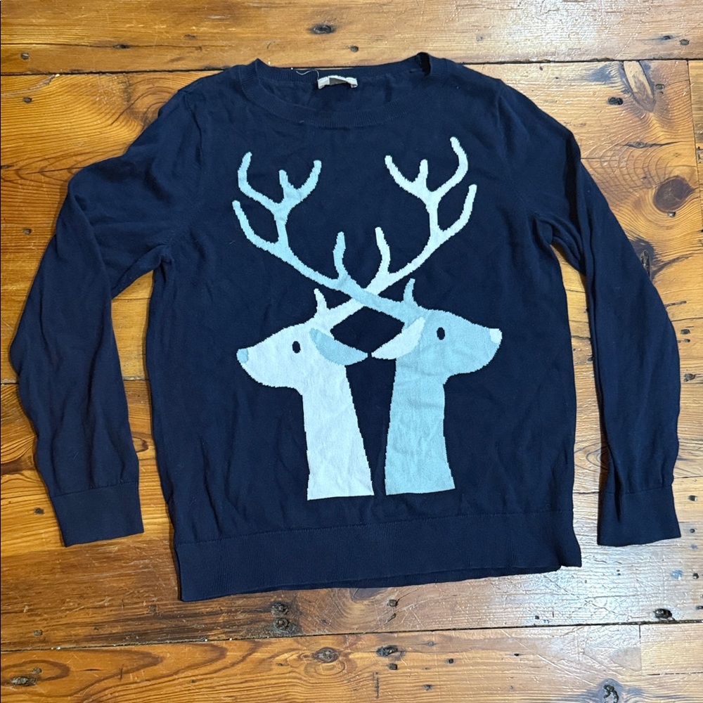 LOFT Dark Blue Sweater with Reindeer Design Winter Cotton Size Large Holiday - Picture 1 of 7